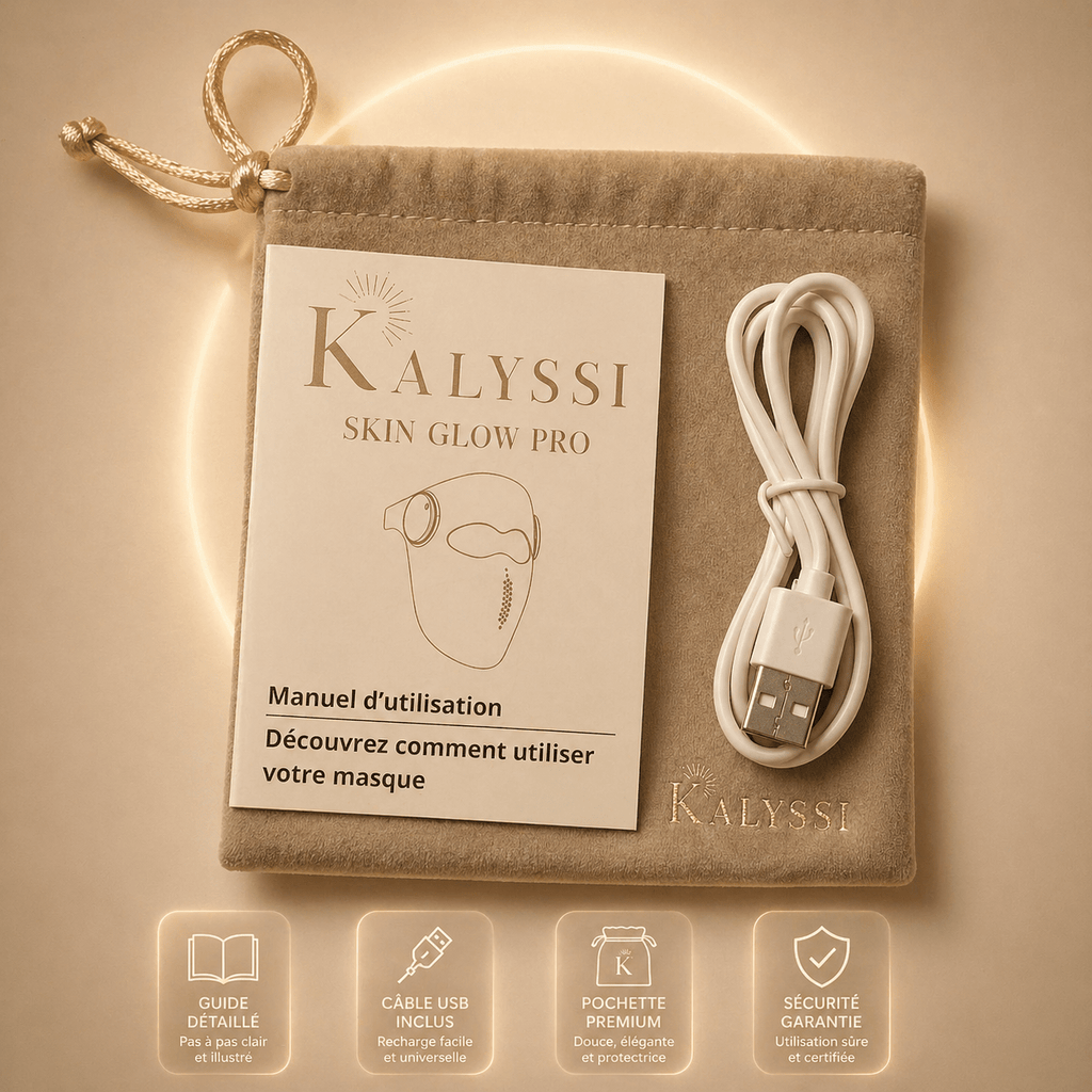 Coffret complet Masque LED Skin Glow PRO Kalyssi avec télécommande et accessoires de soin.