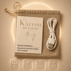 Coffret complet Masque LED Skin Glow PRO Kalyssi avec télécommande et accessoires de soin.
