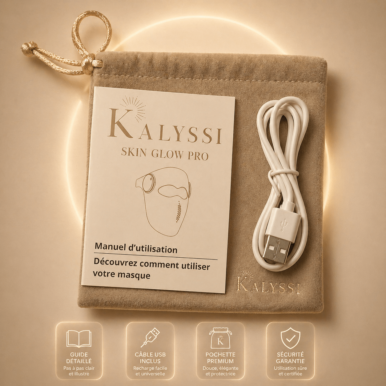 Coffret complet Masque LED Skin Glow PRO Kalyssi avec télécommande et accessoires de soin.