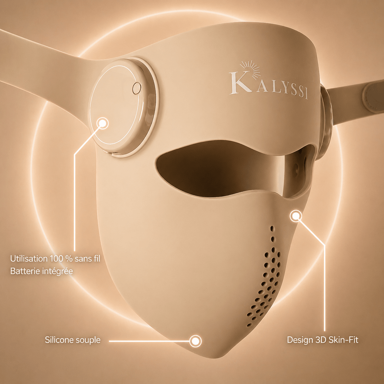 Design ergonomique et épuré du masque LED Skin Glow PRO Kalyssi couleur sable.