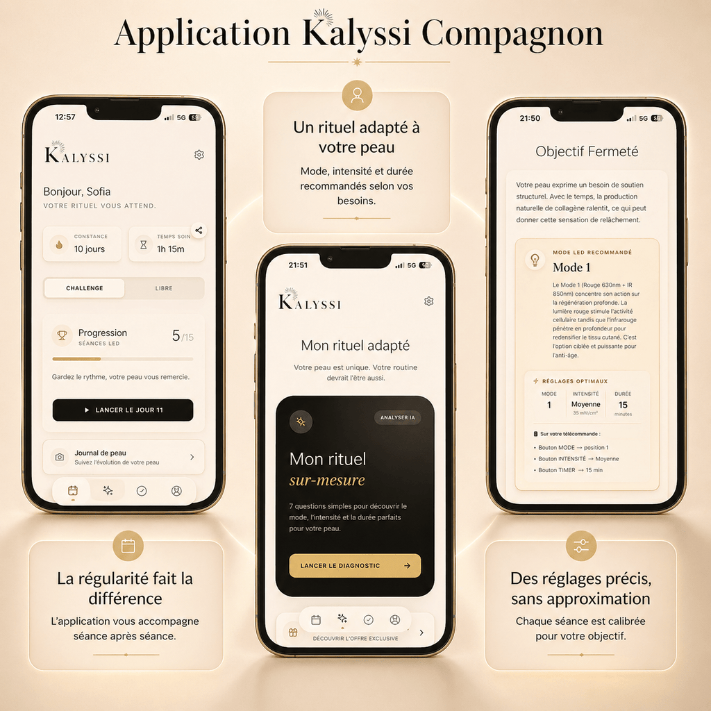 Interface de l'application Kalyssi Compagnon pour le suivi du rituel de photobiomodulation LED.