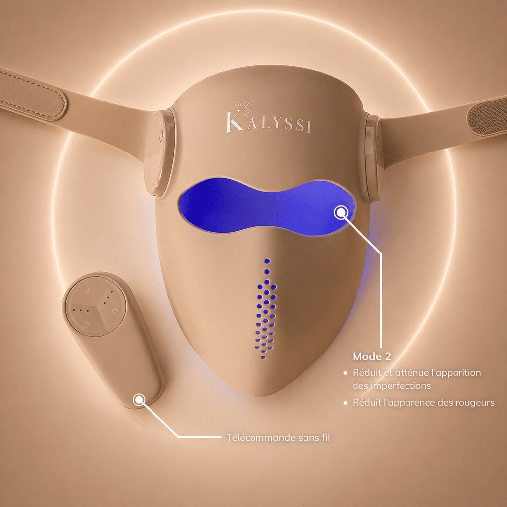 Masque LED Kalyssi en Mode 2 lumière bleue pour réduire les imperfections et rougeurs avec télécommande sans fil.