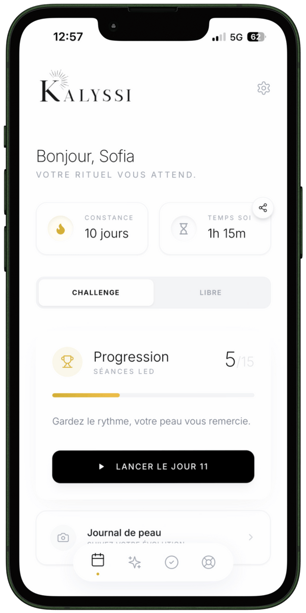 Application Kalyssi sur iPhone — suivi personnalisé du rituel LED