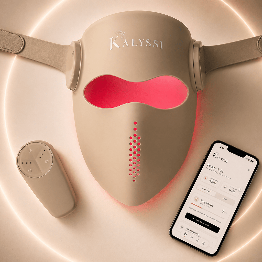 Schéma des composants du masque LED Kalyssi : silicone médical, sangle ajustable et télécommande.