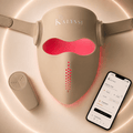 Schéma des composants du masque LED Kalyssi : silicone médical, sangle ajustable et télécommande.