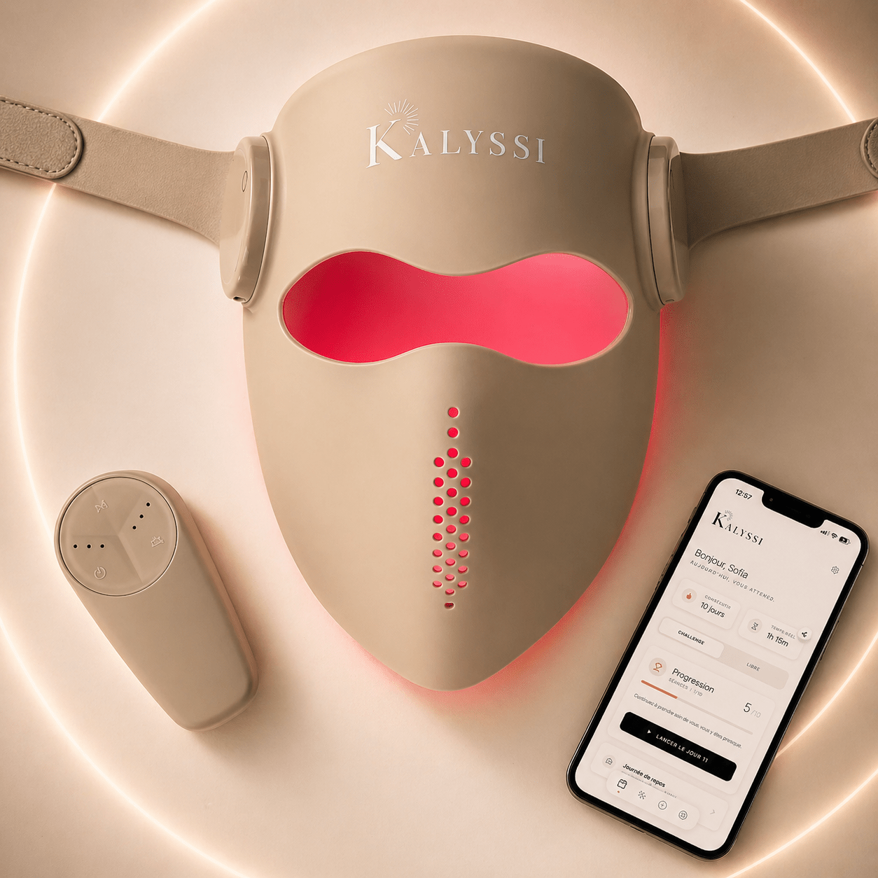 Schéma des composants du masque LED Kalyssi : silicone médical, sangle ajustable et télécommande.
