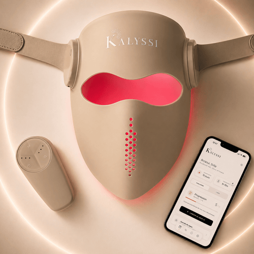 Schéma des composants du masque LED Kalyssi : silicone médical, sangle ajustable et télécommande.